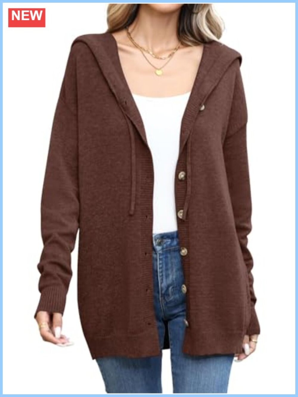 Womens Knit Button Down Hooded Cardigan Sweater Loose Fit Long Sleeve